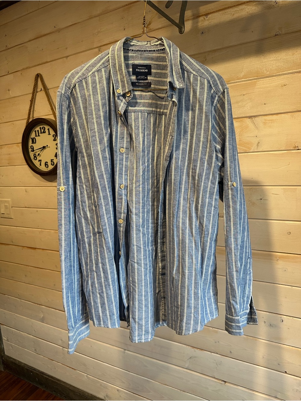 Pull&Bear | Blue & White Striped Linen/Cotton Blend Button Down Shirt